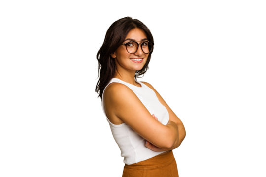 Young Indian woman isolated on green chroma background happy, smiling and cheerful.