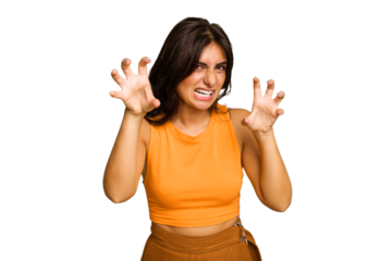 Young Indian woman isolated on green chroma background upset screaming with tense hands.