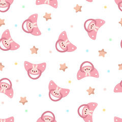 Seamless children's pattern on a white background. A dummy with a rabbit. Pacifier for children