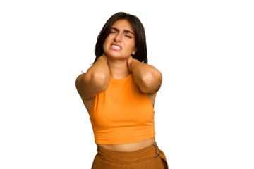 Young Indian woman isolated on green chroma background suffering neck pain due to sedentary lifestyle.