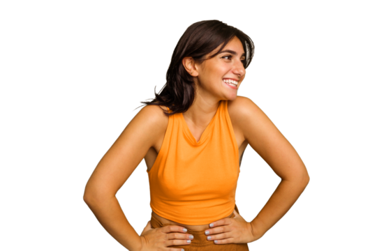 Young Indian woman isolated on green chroma background confident keeping hands on hips.