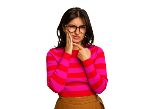 Young Indian woman isolated on green chroma background having a strong teeth pain, molar ache. - Powered by Adobe