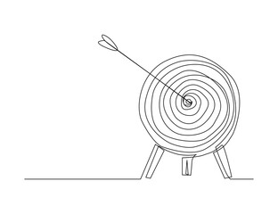 Continuous one line drawing of arrow shoted on target pad. Arrow on target line art drawing vector illustration.