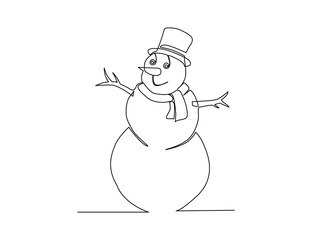 Continuous one line drawing of Snowman. Cute winter snowman wearing scarf and hat line art drawing vector illustration.