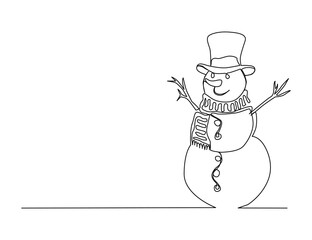 Continuous one line drawing of Snowman. Winter snowman wearing scarf and hat line art drawing vector illustration.