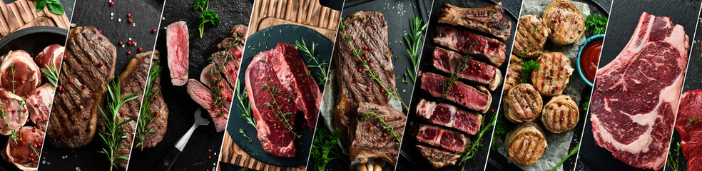 Background: meat and steak. Set of different types of meat. Photo collage. - Powered by Adobe