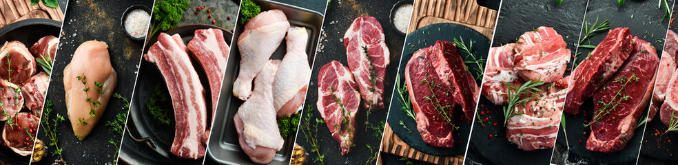 Background: meat and steak. Set of different types of meat. Photo collage.