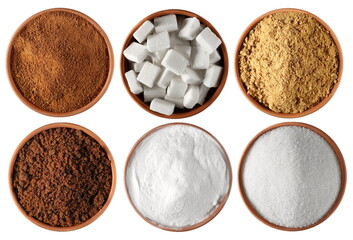 Set sweet sugar, coconut palm, white refined sugar cubes, unrefined brown cane, muscovado sugar,...