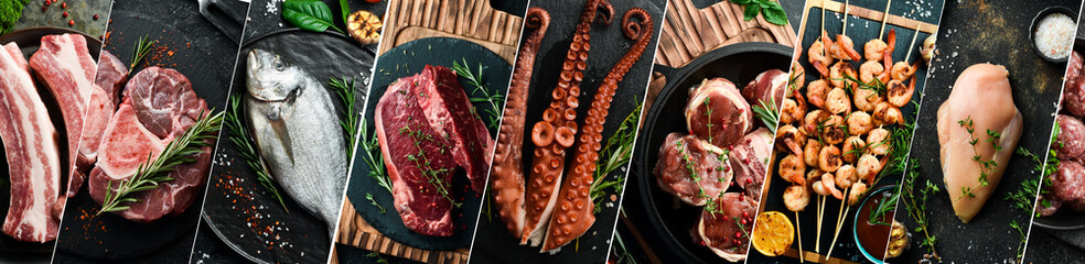 Background: meat and seafood. A set of different types of meat and seafood. Photo collage.
