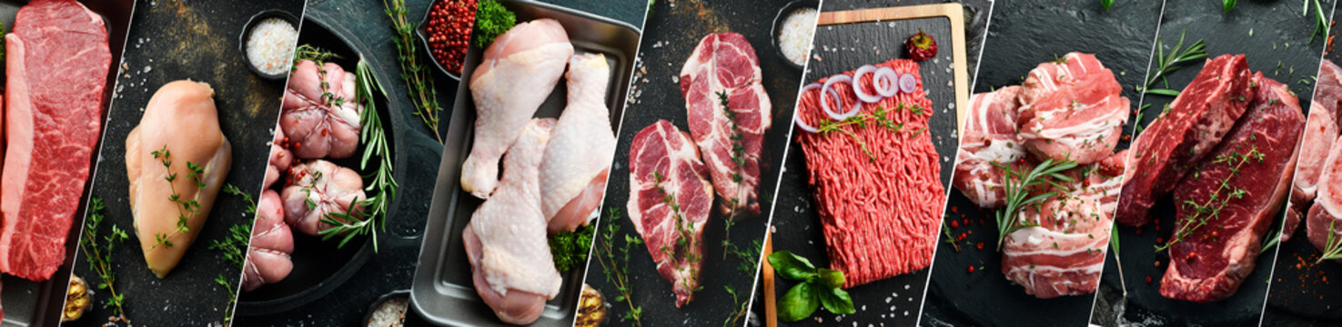 Background: meat and steak. Set of different types of meat. Photo collage.