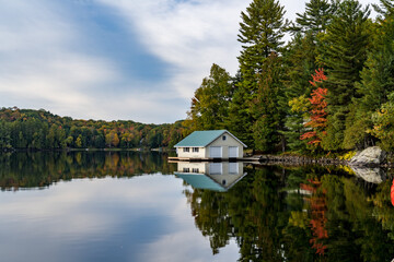 Lake view at  South Portage Dock near Algonquin Provincial Park in Ontario Canada during fall of 2022 