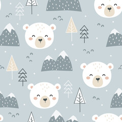 Cute hand drawn seamless pattern with Polar Bear, forest element and snowy mountain. Childish Cartoon Animals Background. Design for fabric, wrapping, textile, wallpaper and all your creative project
