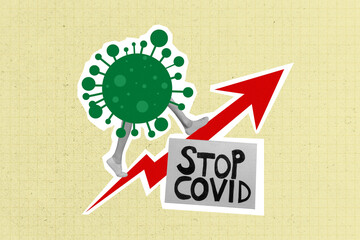 Composite collage image of virus bacteria walking up arrow coronavirus stop covid protest text...