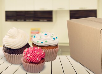 Three Cup Cake and Box. Tasty sweet food