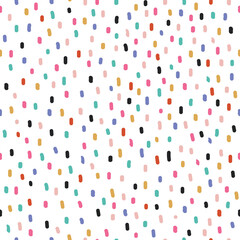 Cute hand drawn seamless pattern with Colorful short vertical brushstrokes. Abstract Multicolored doodle stain on white background. design for background, wallpaper, wrapping, fabric, textile, apparel