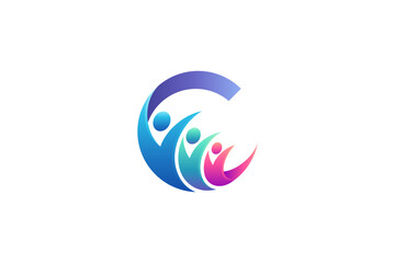 letter C logo with people group or family, team work icon, charity care symbols