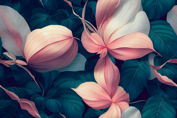 Nahtloses Dschungel-Blumenmuster. Dschungelblumen und -blätter. Nahtloser Aquarellhintergrund für Wrapper, Stoffe, Tapeten, Postkarten, Grußkarten, Hochzeitseinladungen, Banner, 3D-Rendering © Viks_jin