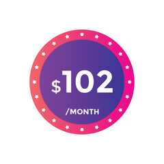 $102 USD Dollar Month sale promotion Banner. Special offer, 102 dollar month price tag, shop now button. Business or shopping promotion marketing concept
