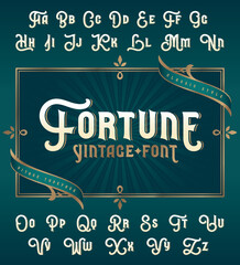 Fortune Vintage vector font set with decorative design elements - obrazy, fototapety, plakaty
