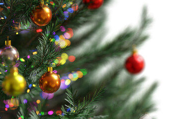 3D Rendering Realistic Christmas Tree with shine glitter Christmas ball and colorful light. For Merry Christmas design element with clipping path