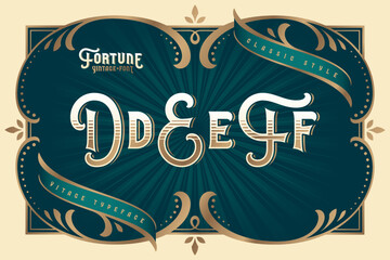 Fortune Vintage vector font set with decorative design elements - obrazy, fototapety, plakaty