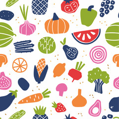 Vector pattern of stylized fruits and vegetables in Scandinavian style