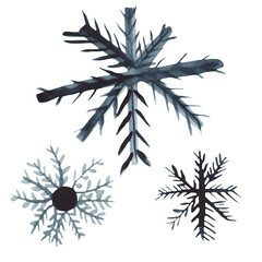 Hand drawn watercolour illustration of dark blue snowflake set. Isolated on white background.
