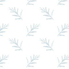Seamless pattern, background, texture print with light watercolor hand drawn blue color dusty leaves, fern greenery forest herbs, plants. Delicate, elegant textile fabric, wrapping paper background mo