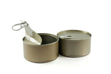 Tin cans opened and closed on the white background with clipping path.