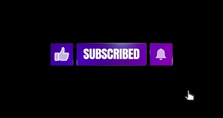 Mouse clicking like button, subscribe button and bell notification.Purple and blue colors. Social media interface. 4K animation with alpha channel