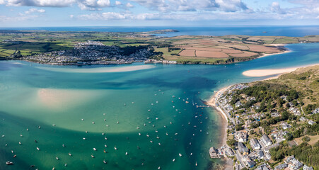 Aerial view of Padstow and Rock on The Camel Estuary in Cornwall