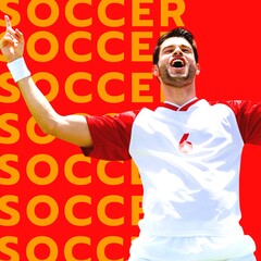 Square image of multiplied soccer and happy successful caucasian male player