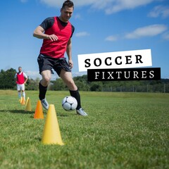 Square image of soccer fixtures over caucasian male players during training