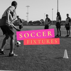 Square image of soccer fixtures over diverse male players in black and white