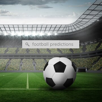 Square image of football predictions over ball at stadium