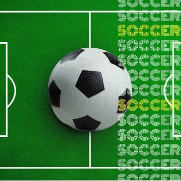 Square image of multiplied soccer and soccer ball on sports field