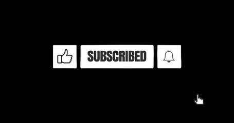 Mouse clicking like button, subscribe button and bell notification.Black and white. Social media interface. 4K animation with alpha channel