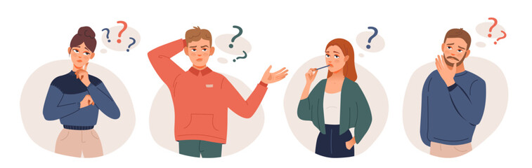 Thoughtful people collection. Confused men and women in doubts and thoughts. Flat vector illustration