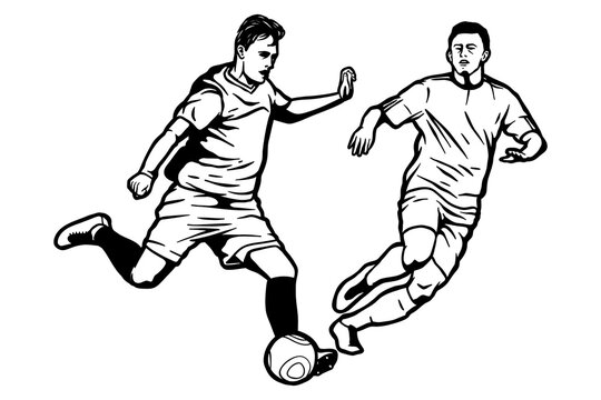 Soccer players kicking ball - vector illustration - Out line
