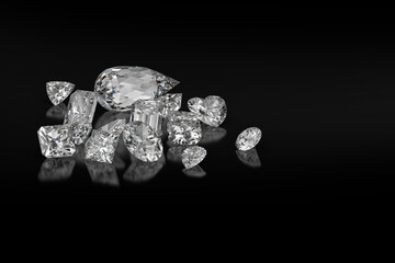Diamond different cuts on black background 3d rendering
