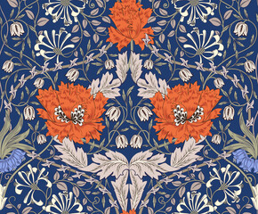 Floral seamless pattern with big orange flowers on dark blue background. Vector illustration. - 535294332