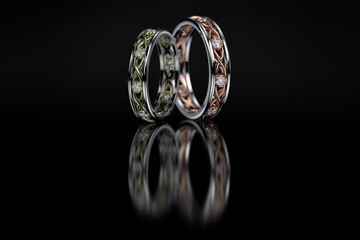 Jewelry 2 wedding band gold rings with diamonds on glossy black. 3D rendering