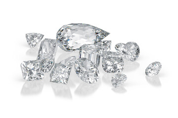 Diamonds different cuts on white background with reflections. 3d rendering