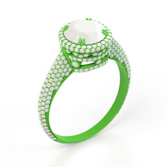 Wireframe green material of jewelry production 3d model of engagement ring. 3D rendering