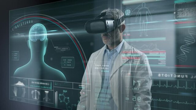Innovative medicine,scientist doctor augmented virtual reality headset using interactive screen,future 3d medical diagnosis researcher using AI studying health data