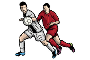Two soccer players fighting for the ball