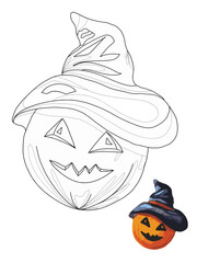 pumpkin lantern in hat in doodle style, coloring book, coloring page for kids and adults