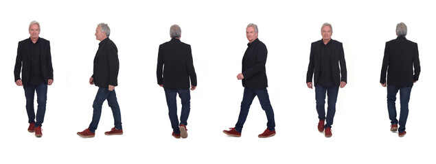  various poses of a group of same men walking on white background