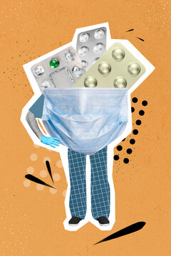 Creative drawing collage picture of doctor wear mask many tables pills prescript treatment therapy hospital covid recovery pharmacy