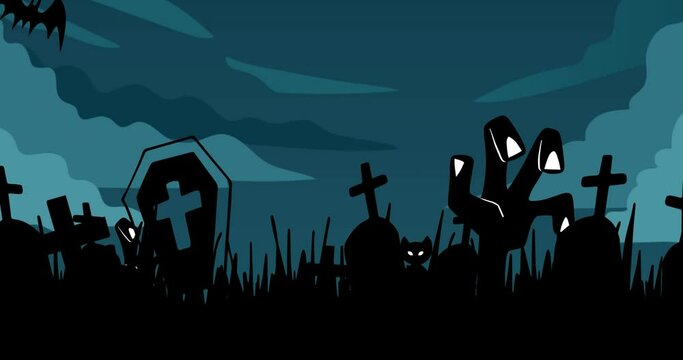 Animation of cemetery with bats and hands over clouds